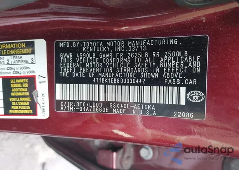 2013 Toyota Avalon Xle z USA, uszkodzony, nr VIN 4T1BK1EB8DU030442